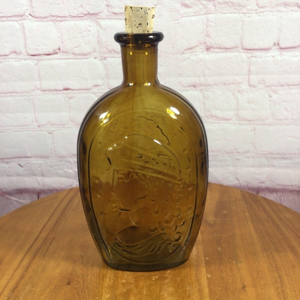 Vintage Wheaton Eagle and Lady Liberty Amber Glass Syrup Bottle with Cork Plug